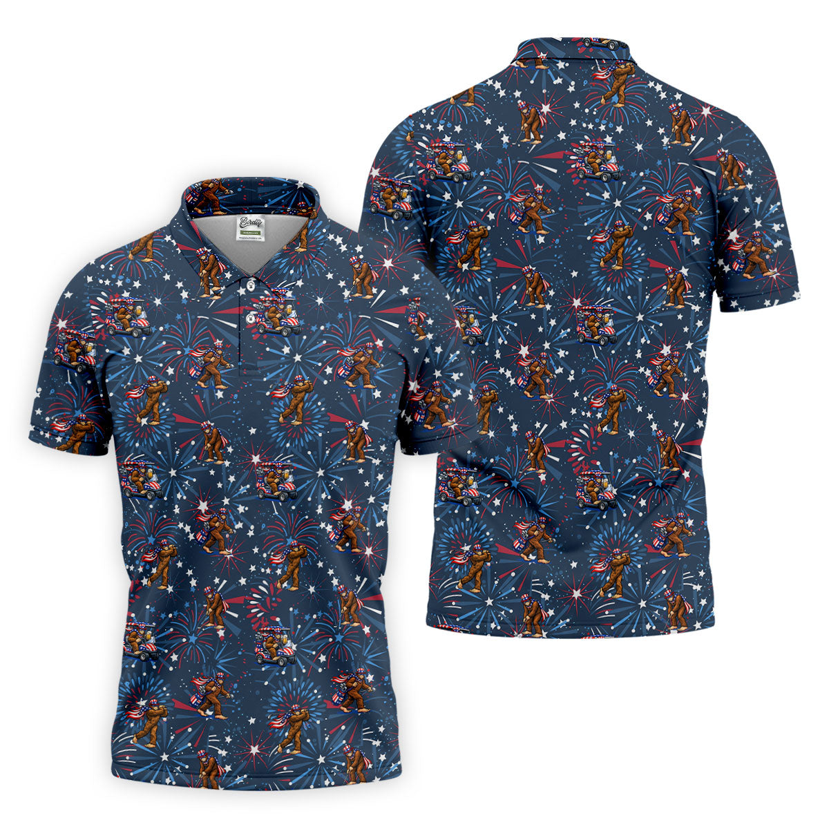 Funny Bigfoot Golf Pose Festive Vibe Navy 4th Of July Golf Shirts For Men, 250th Anniversary Patriotic Golf Shirt