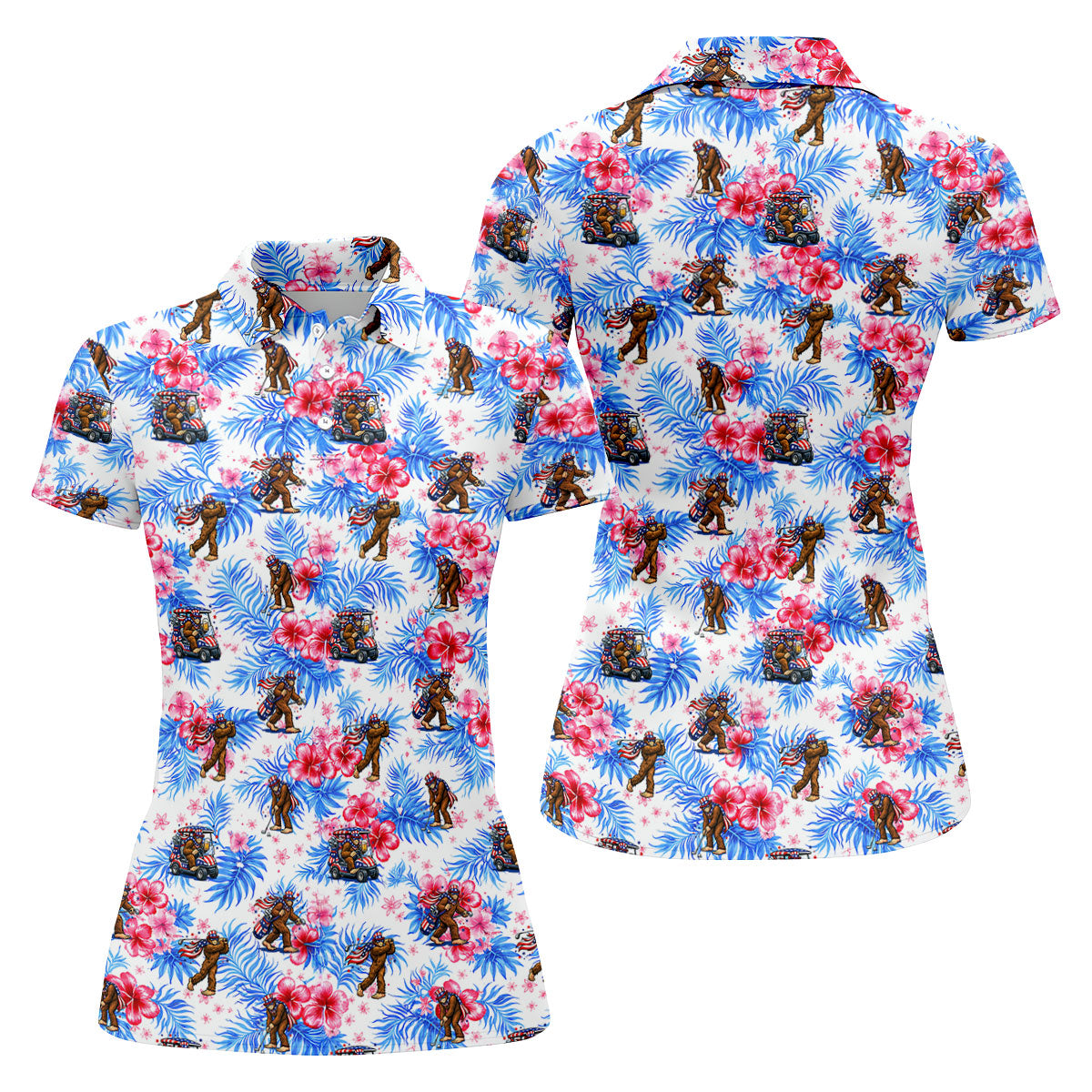 Funny Bigfoot Golf Pose 4th Of July Tropical Vibe Women Golf Top, 250th Anniversary Patriotic Golf Shirt