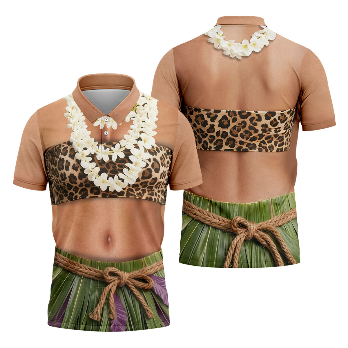 Floral Lei Tropical Theme Party Leopard Print Hawaiian Golf Shirt, Polo Shirtor Men