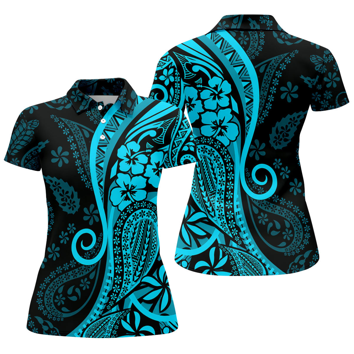 Island Tribal Golf Shirt, Blue Hawaiian Hibiscus Polo, Polo Shirts For Women
