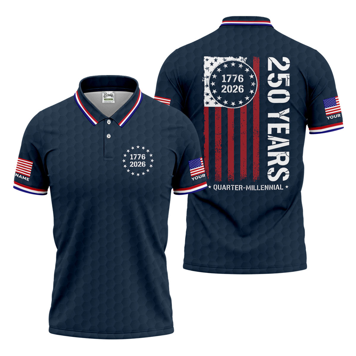 250 Years Quarter Millennnial Golf Ball Pattern Navy Patriotic Golf Shirt, 4th Of July Golf Shirts For Men