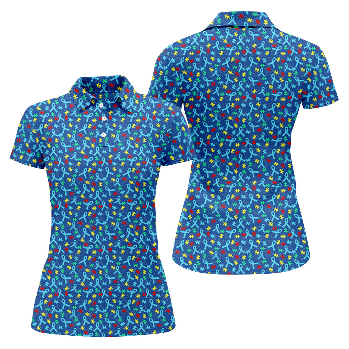 Autism Awareness Ribbon And Colorful Puzzles Blue Golf Shirt, Women's Golf Tops, Ladies Golf Shirts