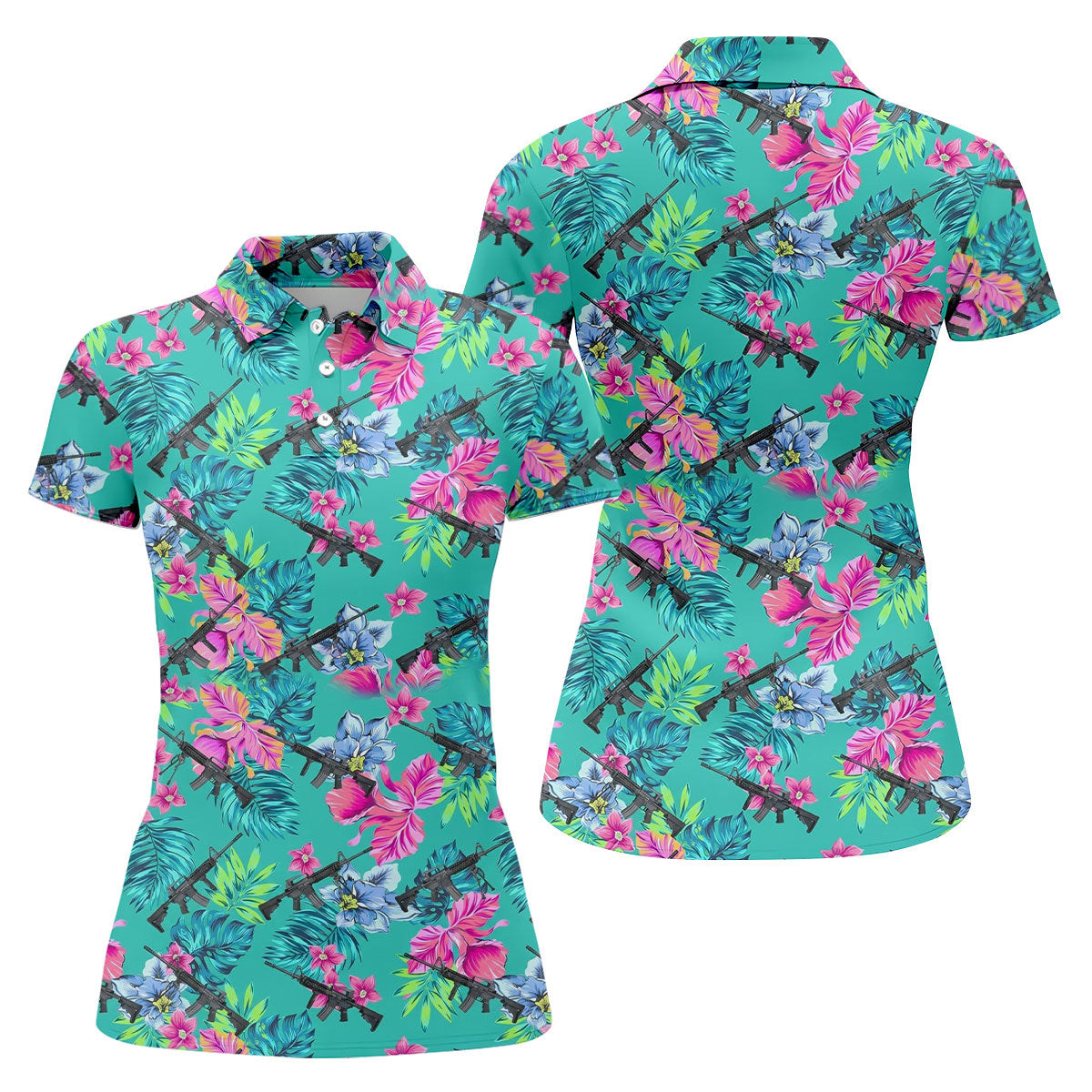 Hawaiian Floral With Army Theme Women Golf Top, Ladies Golf Shirts, Golfing Apparel