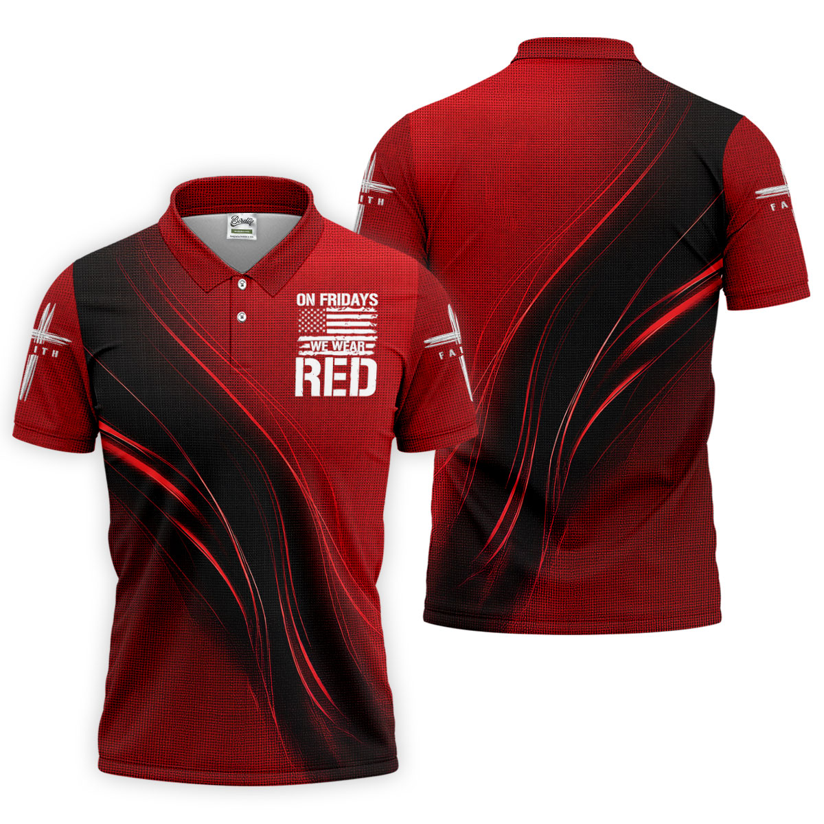 On Friday We Wear Red Faith Cross Red Black Gradient Patriotic Golf Shirt, 250 Years Polo Shirt Men