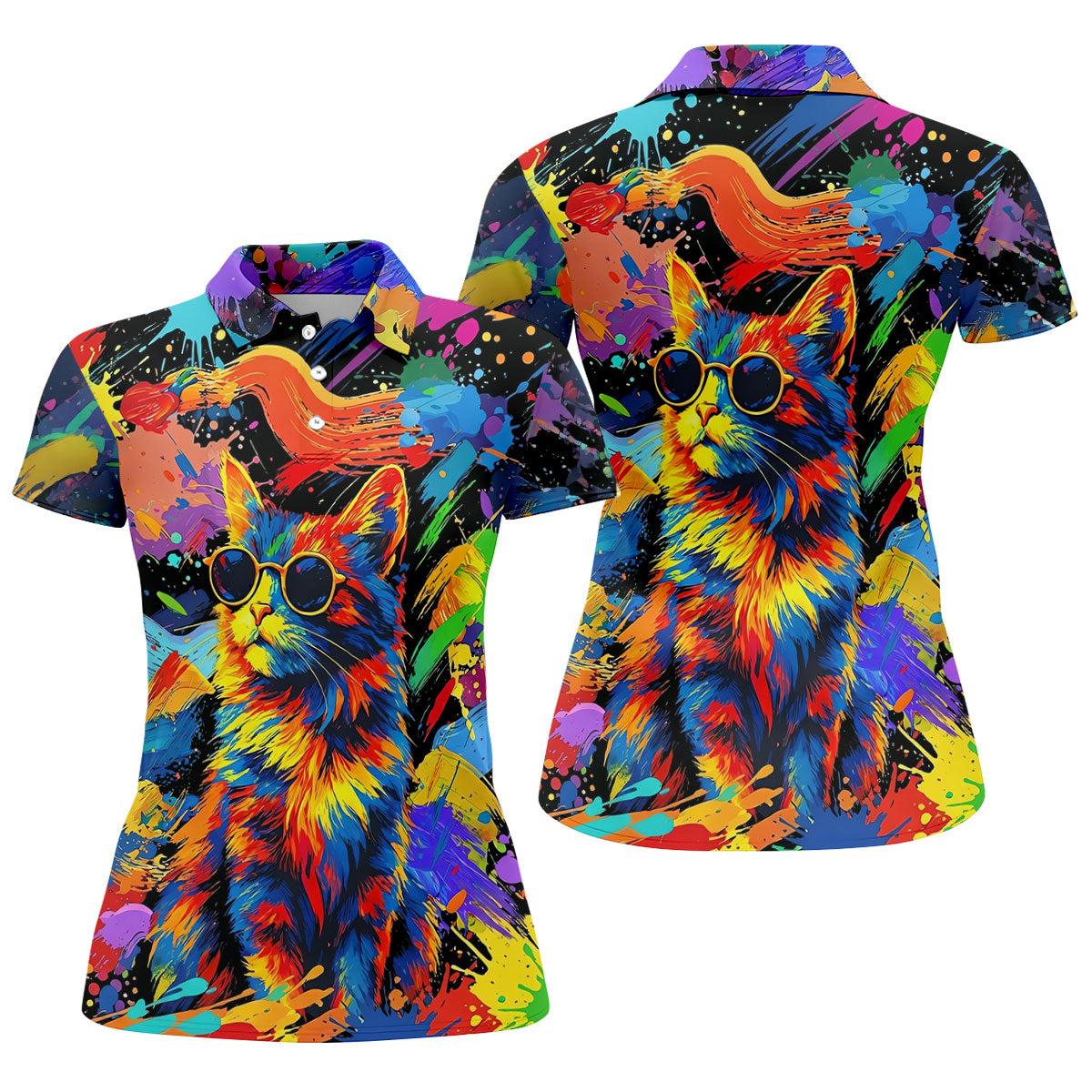 Colorful Cat Wearing Sunglasses Art Golf Shirt, Women's Golf Shirt, Hawaiian Golf Shirt