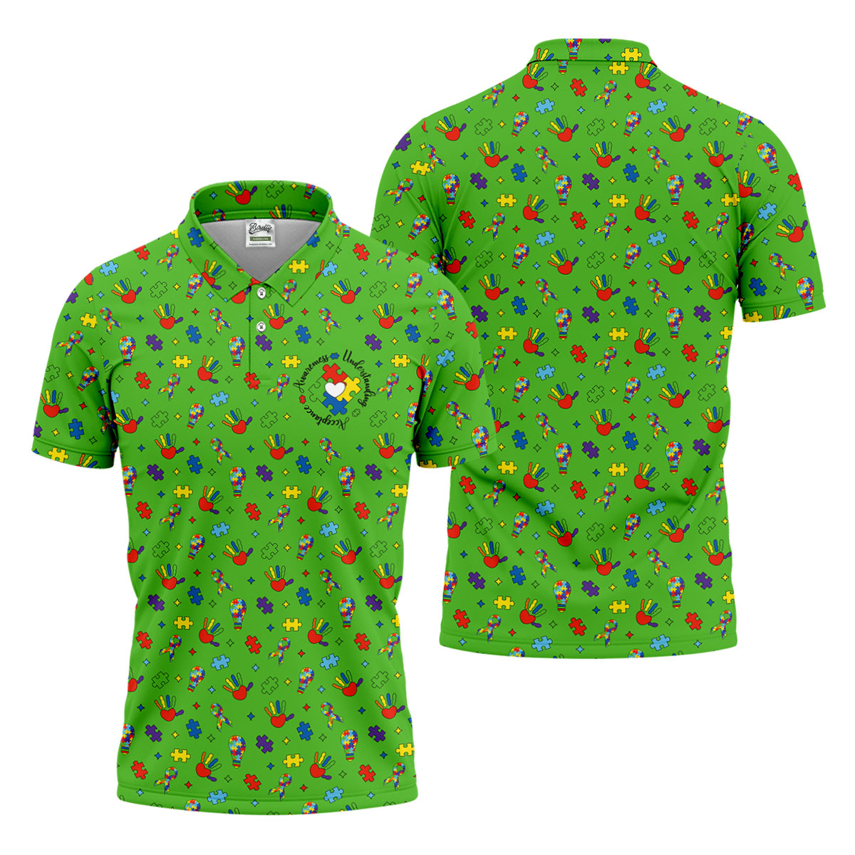 Awareness Understanding Acceptance Autism Ribbon Green Golf Shirt, Autism Awareness Colors Golf Shirts For Men