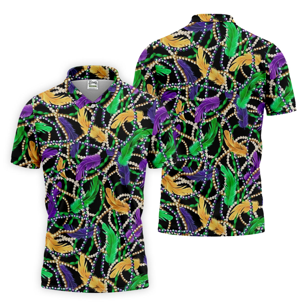 Purple Green Gold Feather Beads Mardi Gras Golf Shirt, Polo ShirtFor Men, Golf Shirts For Men