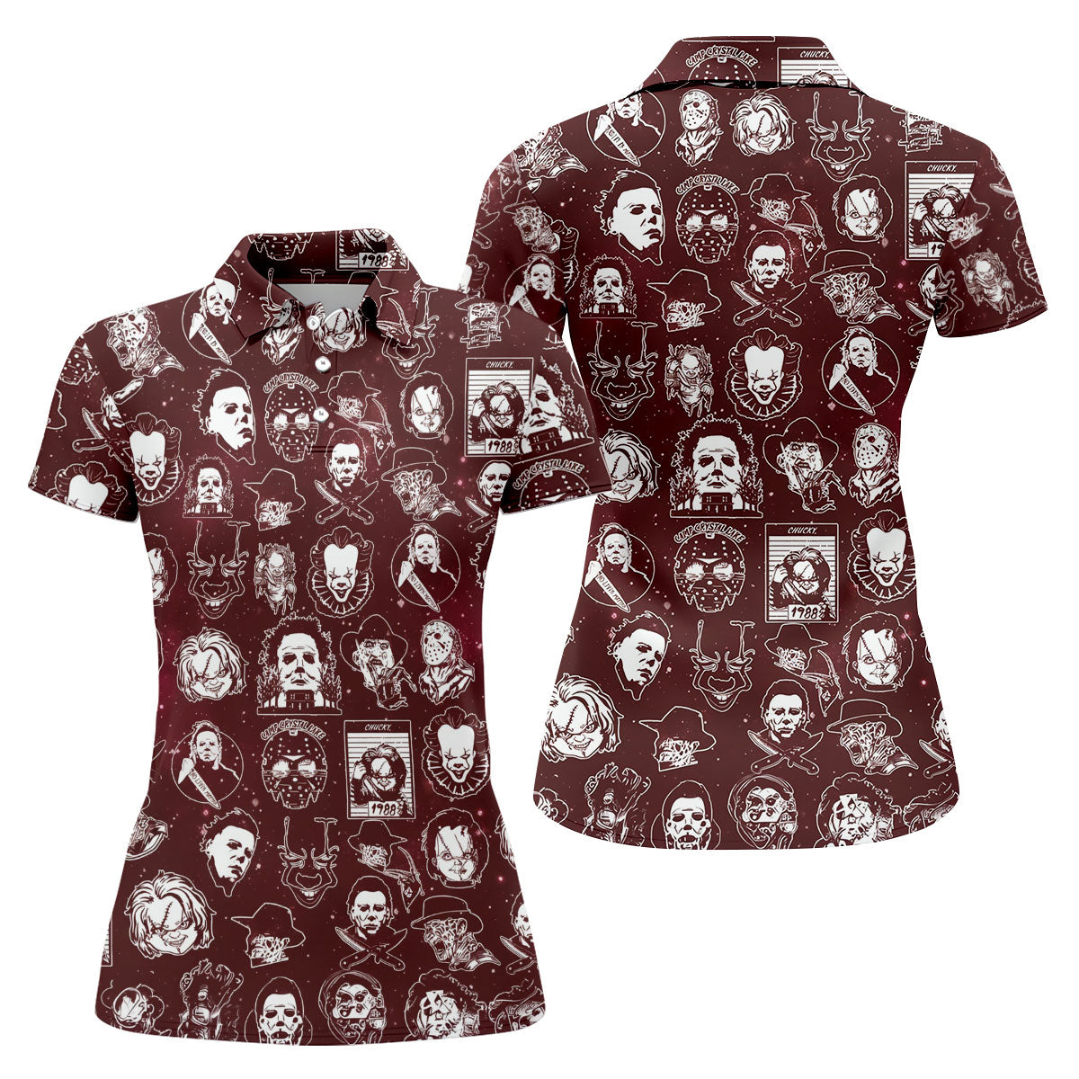Vintage Halloween Horror Character Pattern Golf Shirt, Women's Golf Polo, Printed Golf Shirt