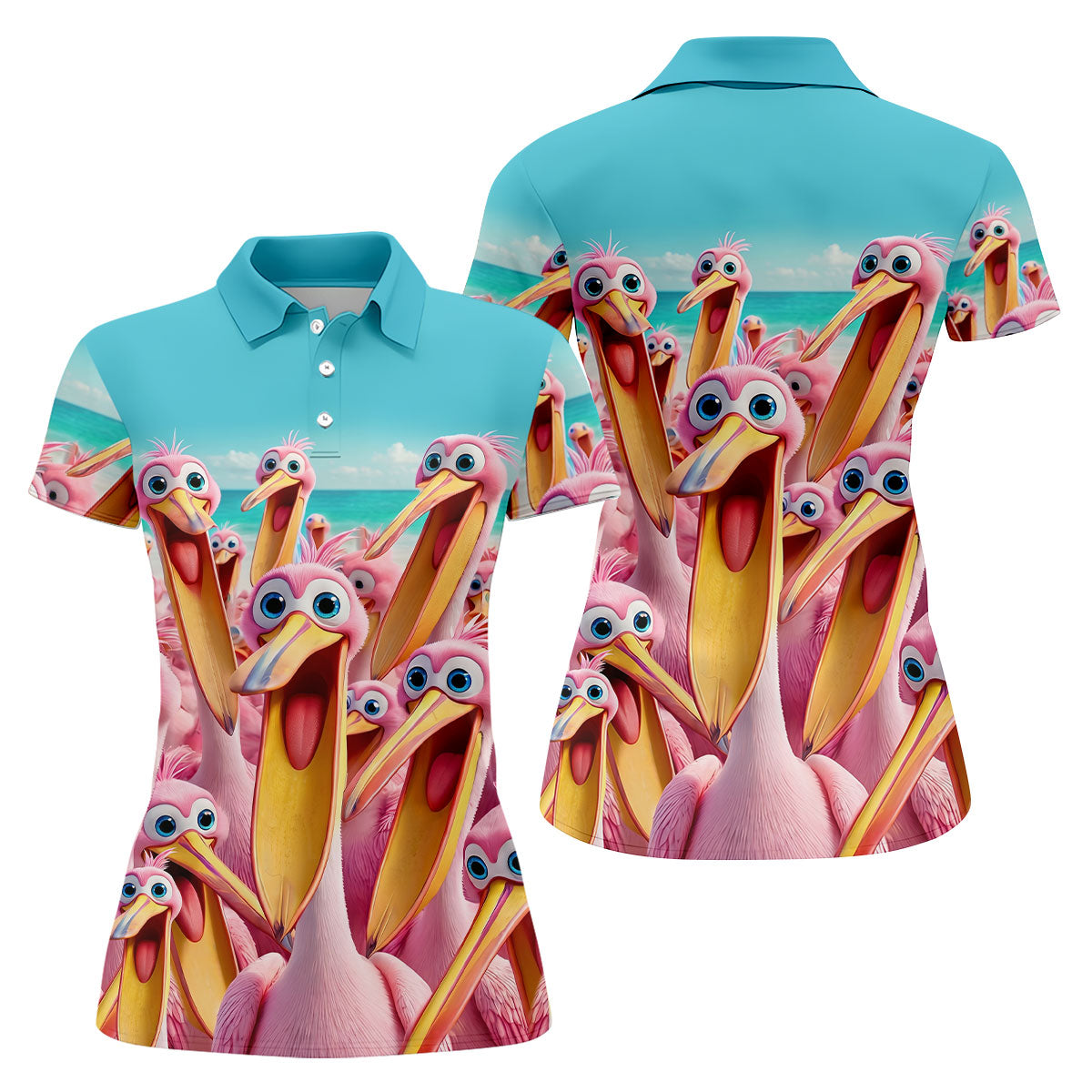 Funny Pink Pelican Beach Crowd Golf Shirt, Women's Golf Shirt, Hawaiian Golf Shirt, Golf Polo For Women