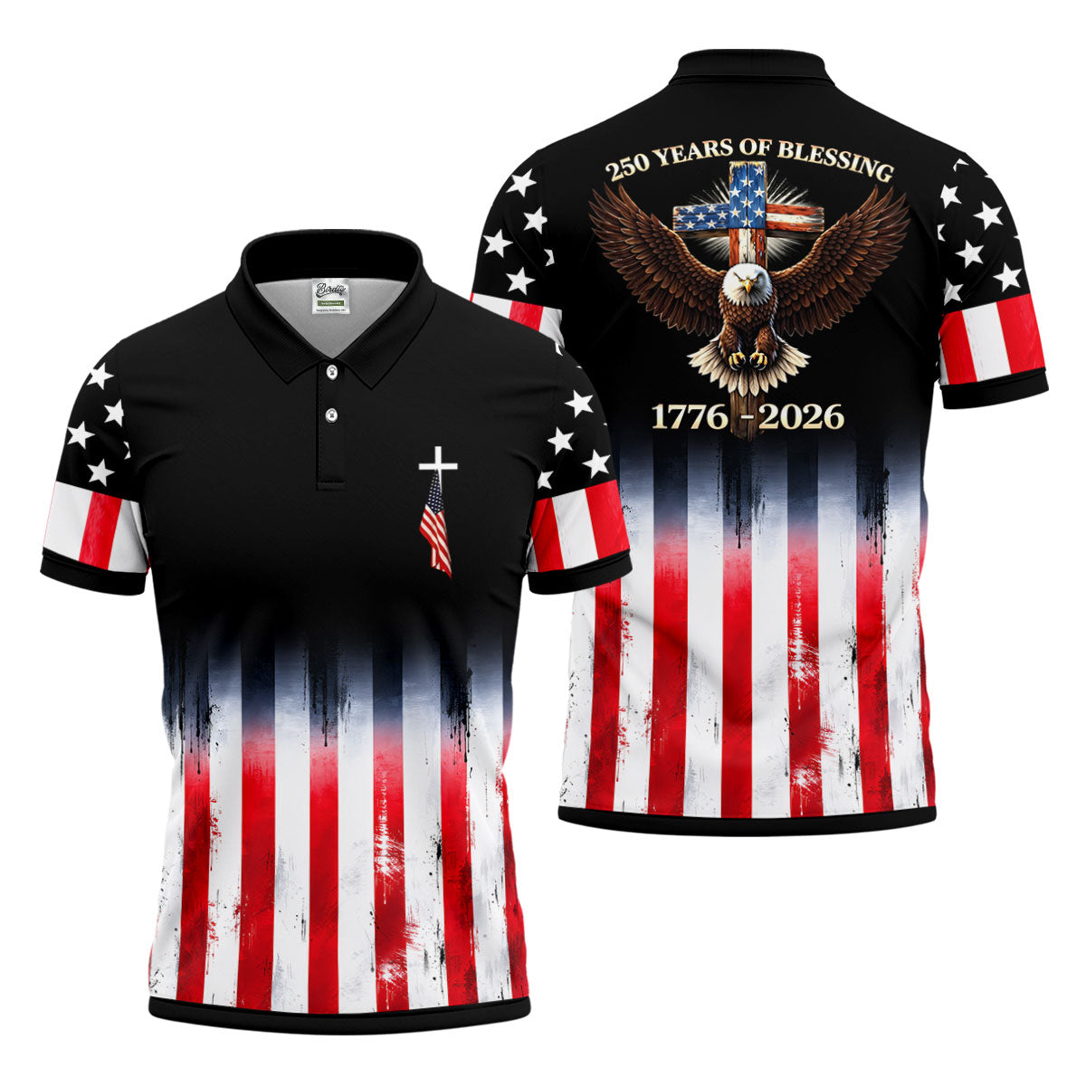 250 Years Of Blessing Faith Cross American Flag Golf Shirt, Patriotic 4th Of July Golf Shirts For Men