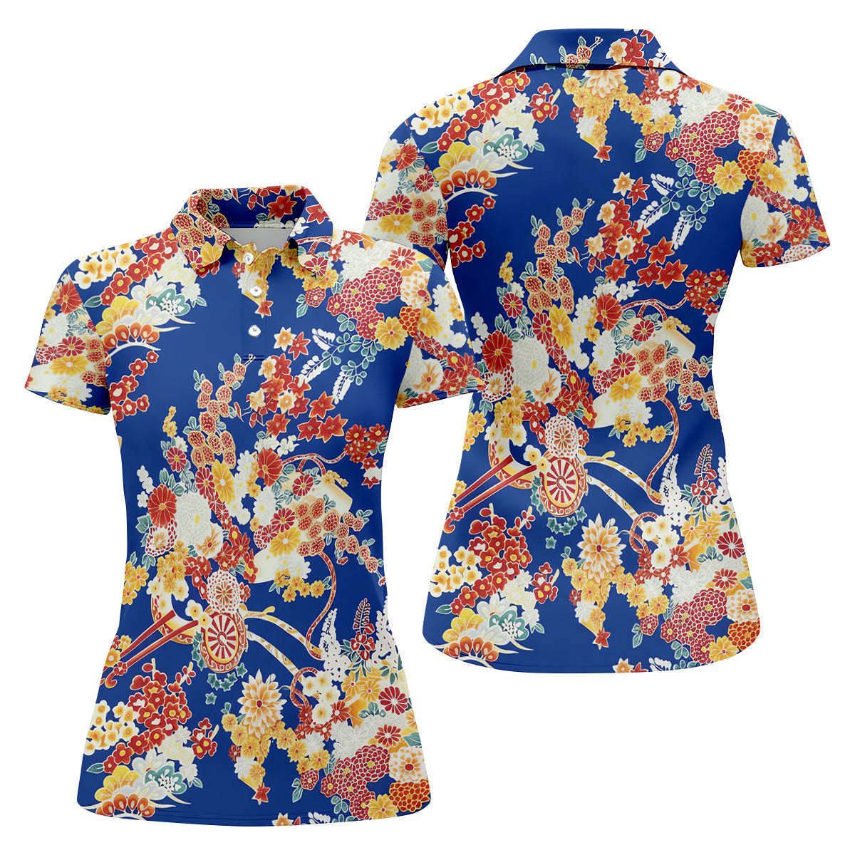 Royal Blue Japanese Floral Pattern Golf Shirt, Women’s Golf Polo, Ladies Golf Tops