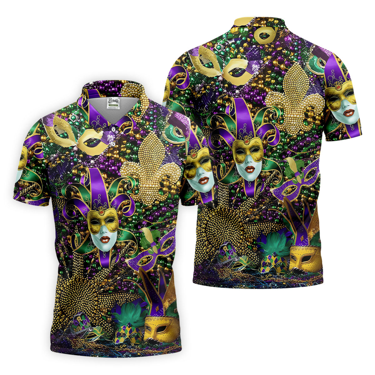 Jester Mask Purple Green Gold Fleur De Lis Beads Mardi Gras Golf Shirt, Golf Shirts For Men, Polo ShirtFor Men