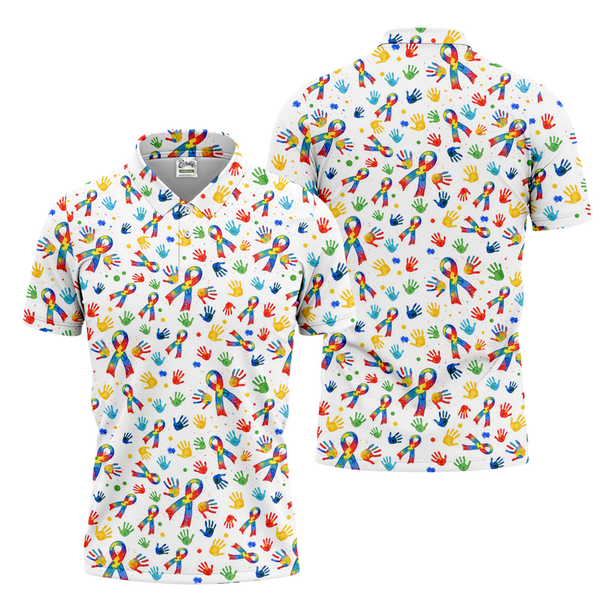 Colorful Handprints Autism Ribbon Golf Tops For Men, Autism Awareness Color Golf Shirts For Men