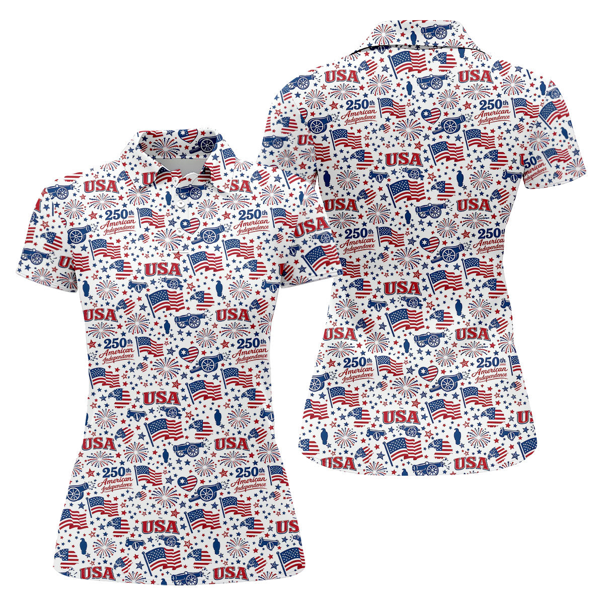 250th American Independence Red White Blue Ladies Golf Tops, Patriotic 4th Of July Golf Shirt For Women