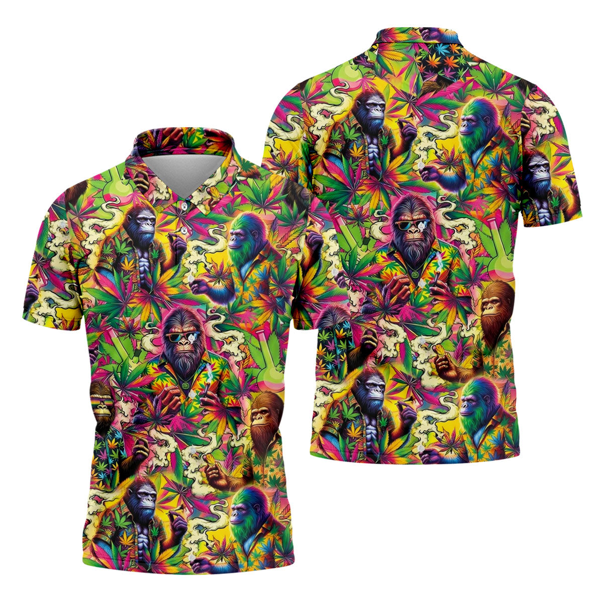 Psychedelic Bigfoot Cannabis Leaf Hawaiian Polo Shirt, Mens Golf Shirts, Golf Apparel For Men