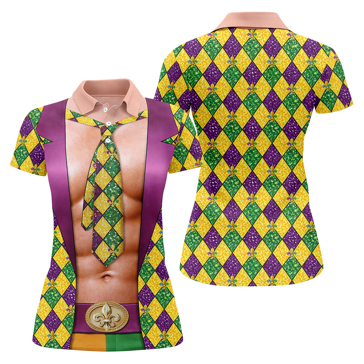 Green Purple Gold Argyle Pattern Fun Suit Mardi Gras Print Golf Shirt, Fun Women's Golf Shirts, Ladies Golf Polos