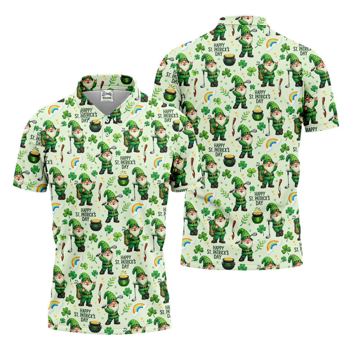 Happy St Patrick's Day Gnomes Shamrock Golf Shirt, Men's Funny Golf Shirts, Golf Shirts For Men
