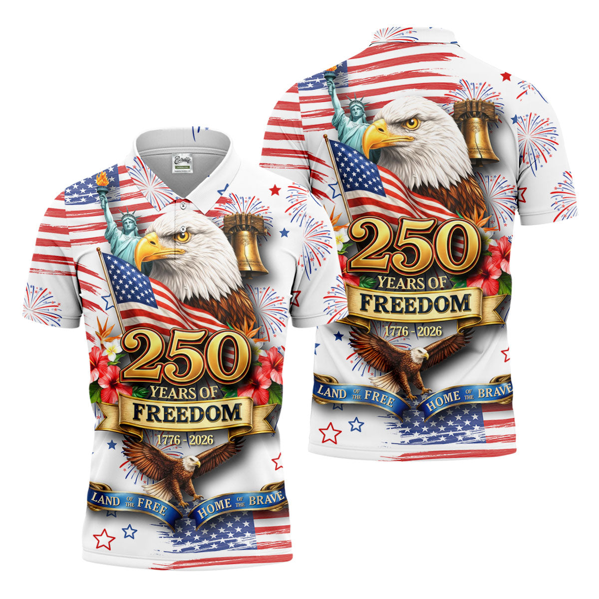 250 Years Of Freedom 1776-2026 White 4th Of July Golf Shirts For Men, 250th Anniversary Patriotic Golf Shirt