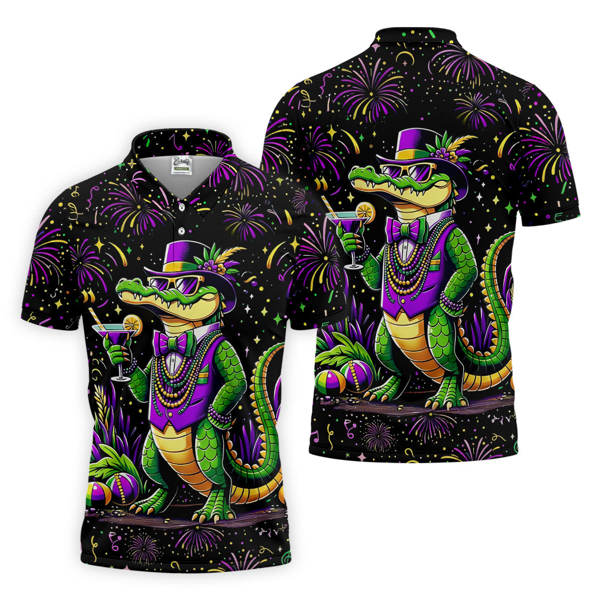 Mardi Gras Aligator Purple Green Gold Confetti Star Golf Tops For Men, Polo ShirtFor Men, Golf Shirts For Men