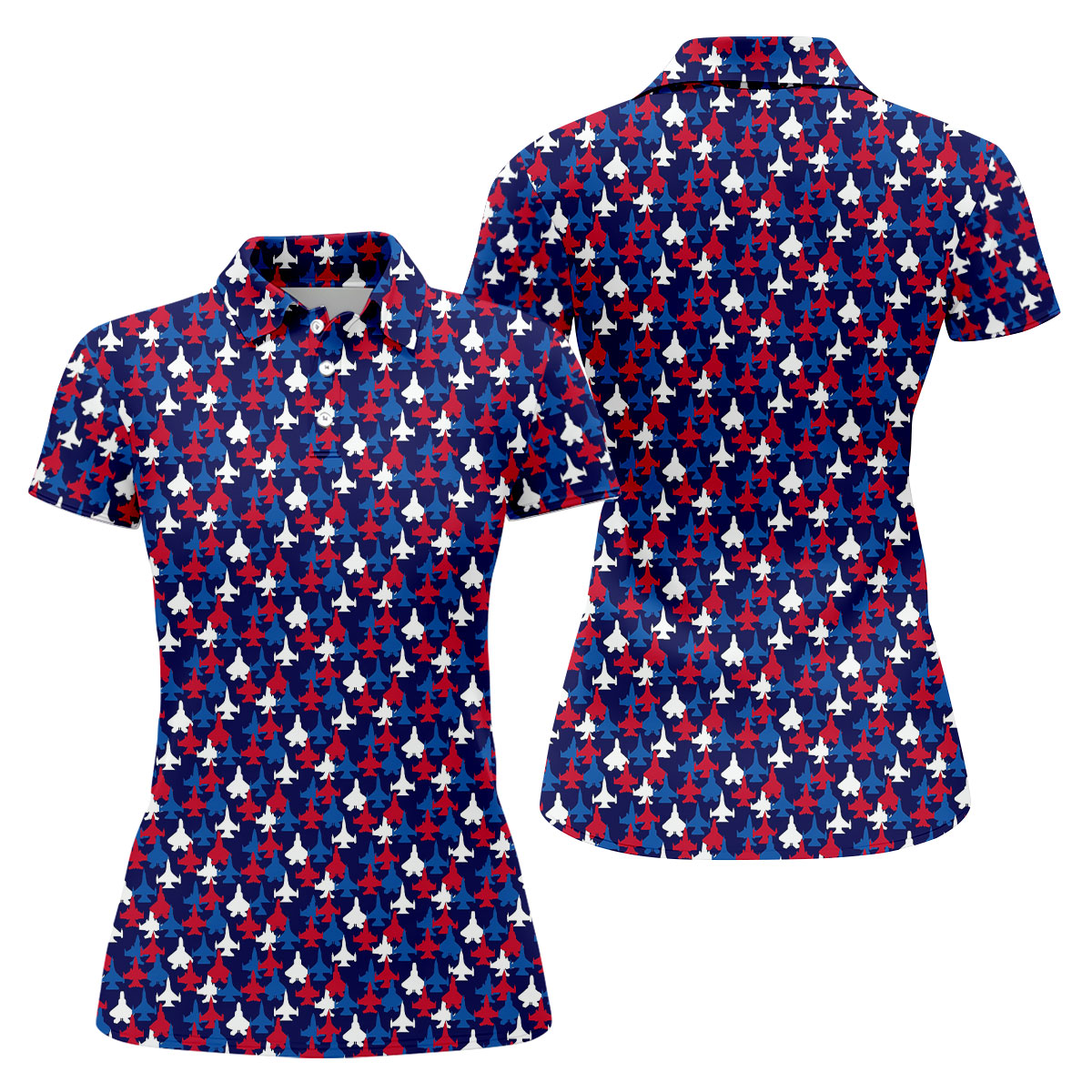 Red And Blue Fighter Jet 4th Of July Women Golf Top, 250th Anniversary Ladies Golf Shirts, Patriotic Golf Shirt