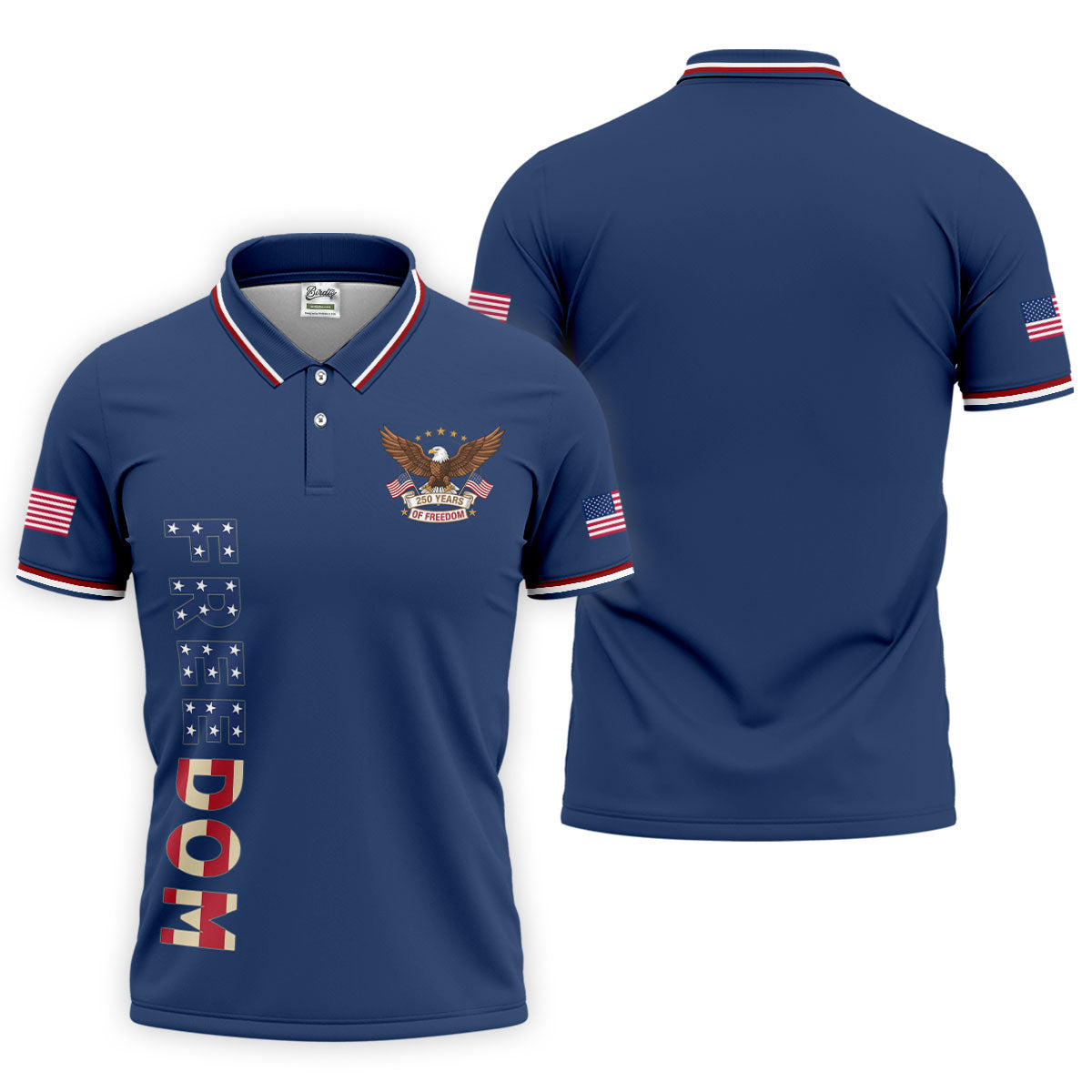 250 Years Of Freedom US Flag Logo Navy Golf Shirt, Patriotic 4th Of July Golf Shirts For Men