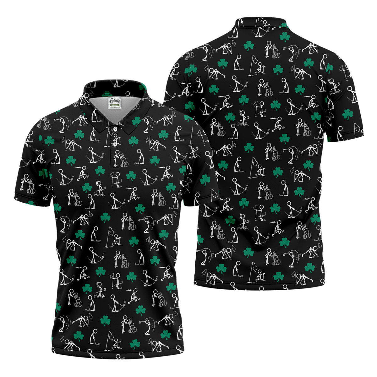 Stick Figure Golf Pose St Patrick's Day Shamrock Black Golf Shirt, Polo ShirtFor Men, Golf Shirts For Men