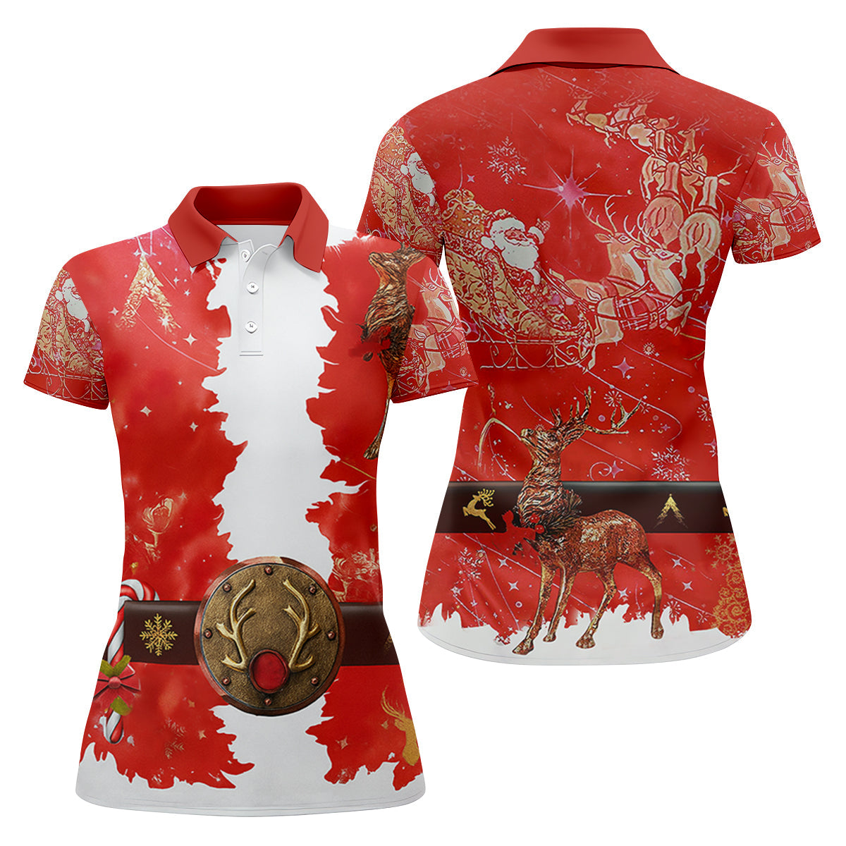 Santa Claus Christmas Print Fun Women's Golf Shirts, Cute Golf Outfit, Ladies Golf Shirts, Golfing Apparel