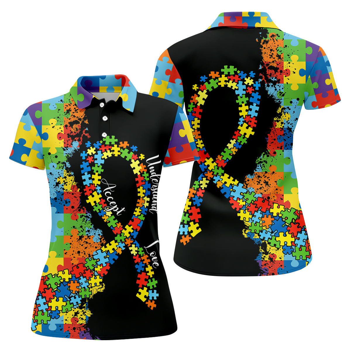 Accept Love Understand Autism Awareness Colors Autism Ribbon Women's Golf Tops, Ladies Golf Polos