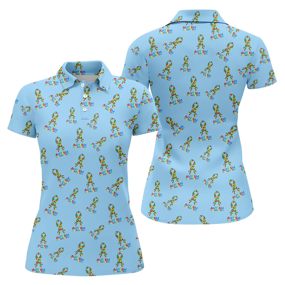Autism Awareness Colors Autism Ribbon Blue Golf Shirt, Women's Golf Tops, Ladies Golf Polos