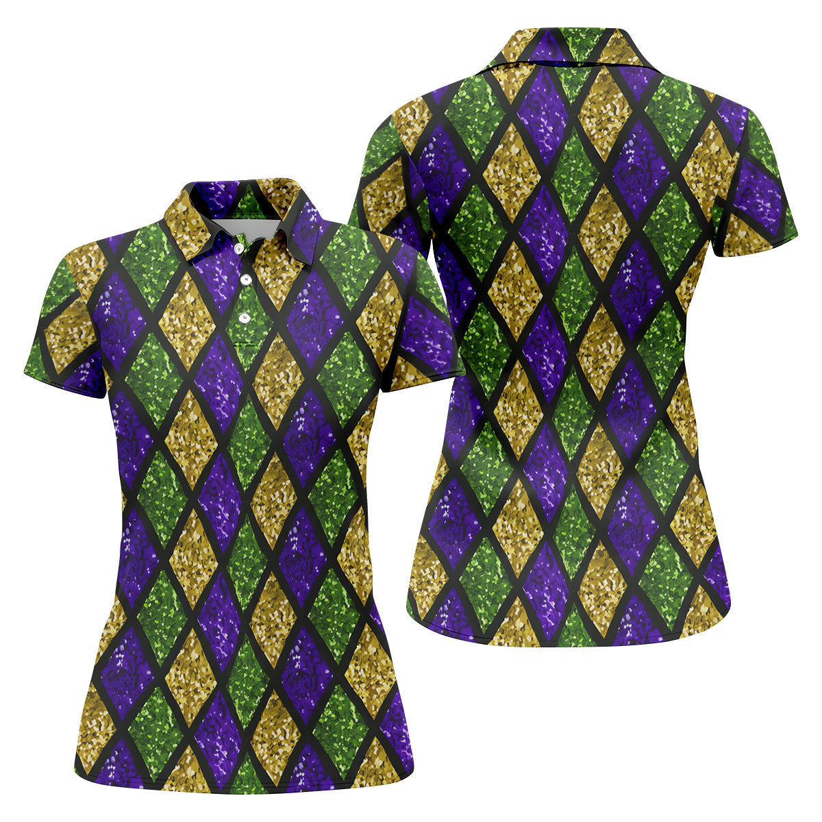 Green Purple Gold Argyle Pattern Sparkling Effect Mardi Gras Golf Shirt, Women's Golf Tops, Ladies Golf Shirts