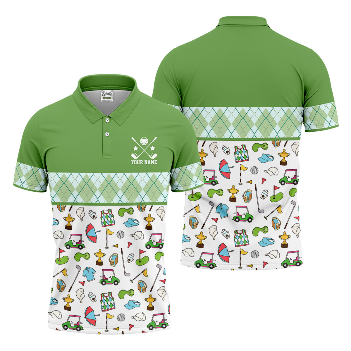 Custom Name Green Argyle Golf Icons Pattern Golf Shirt, Mens Golf Polo, Golf Shirts For Men, Printed Golf Shirts