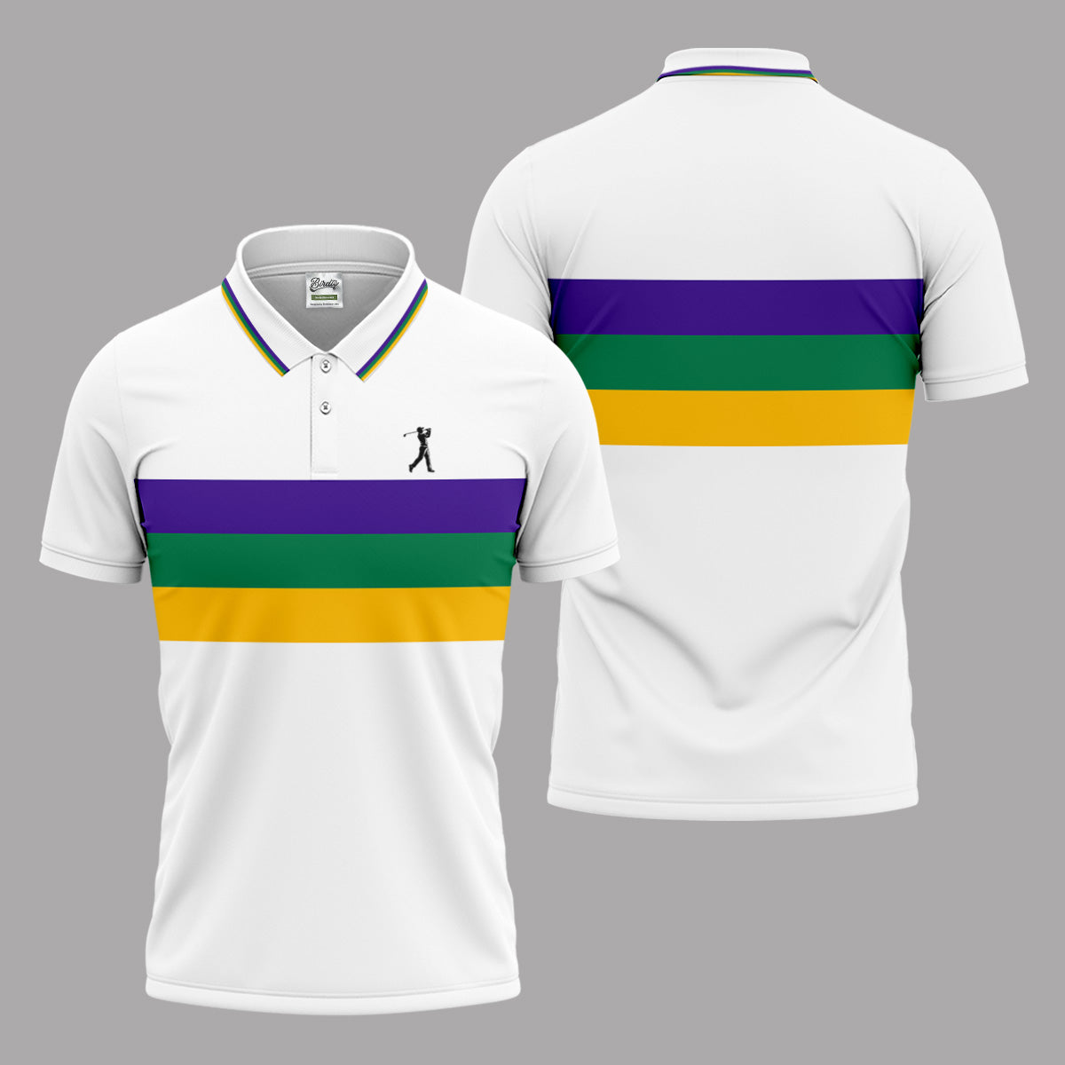 Mardi Gras Purple Green Gold Horizontal Stripes White Golf Shirt, Golf Tops For Men, Polo ShirtFor Men