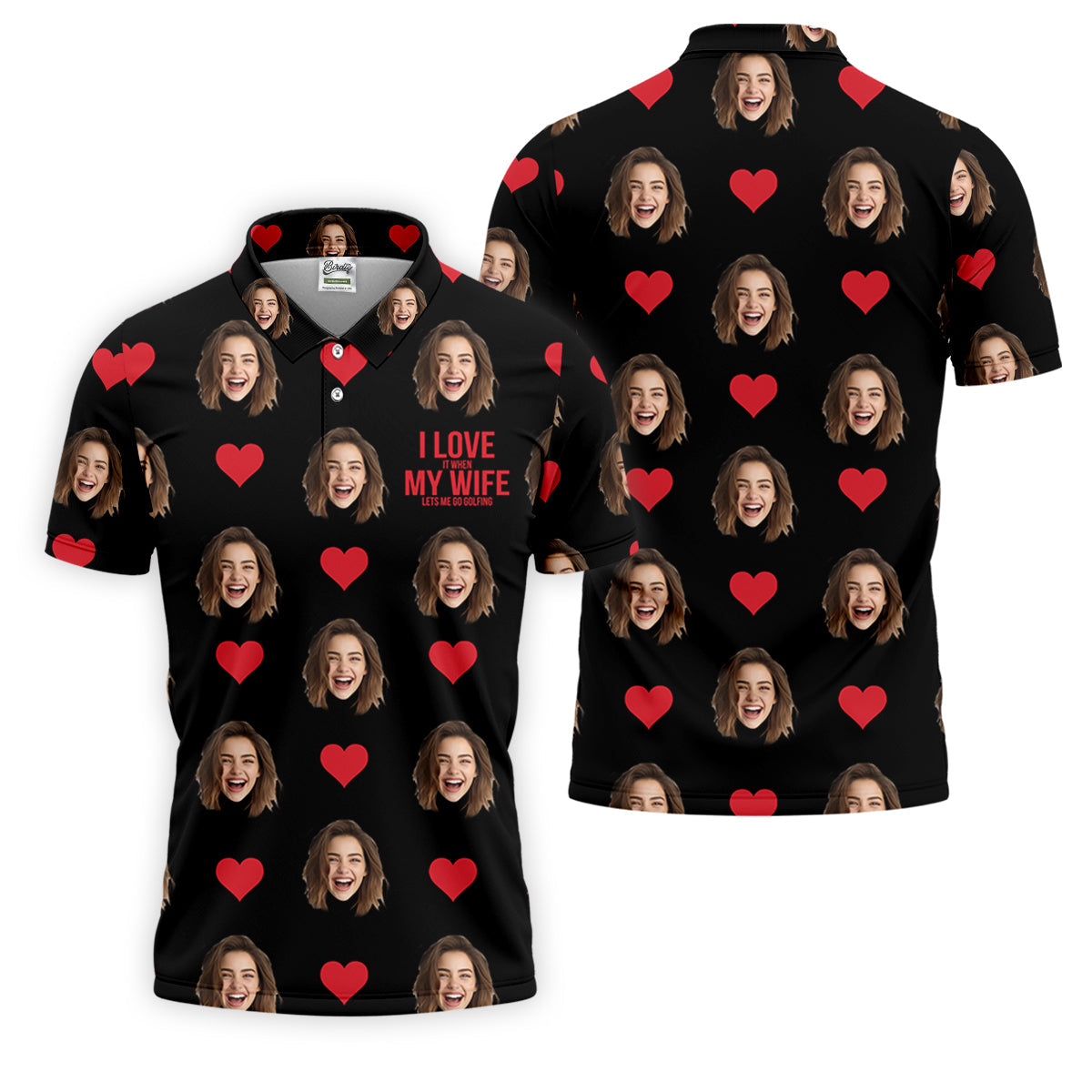 I Love My Wife Custom Photo Black Golf Shirt, Valentines Golf Gift, Fun Golf Shirts For Men, Golf Gift For Men