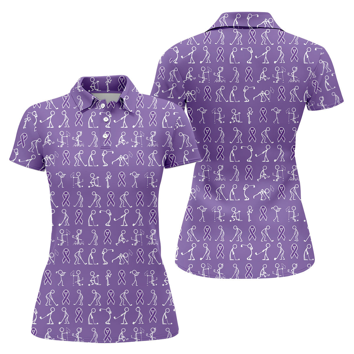 Funny Stick Figure Women's Golf Shirt, Pancreatic Cancer Awareness Shirt, Purple Golf Shirt, Golf Shirts For Women
