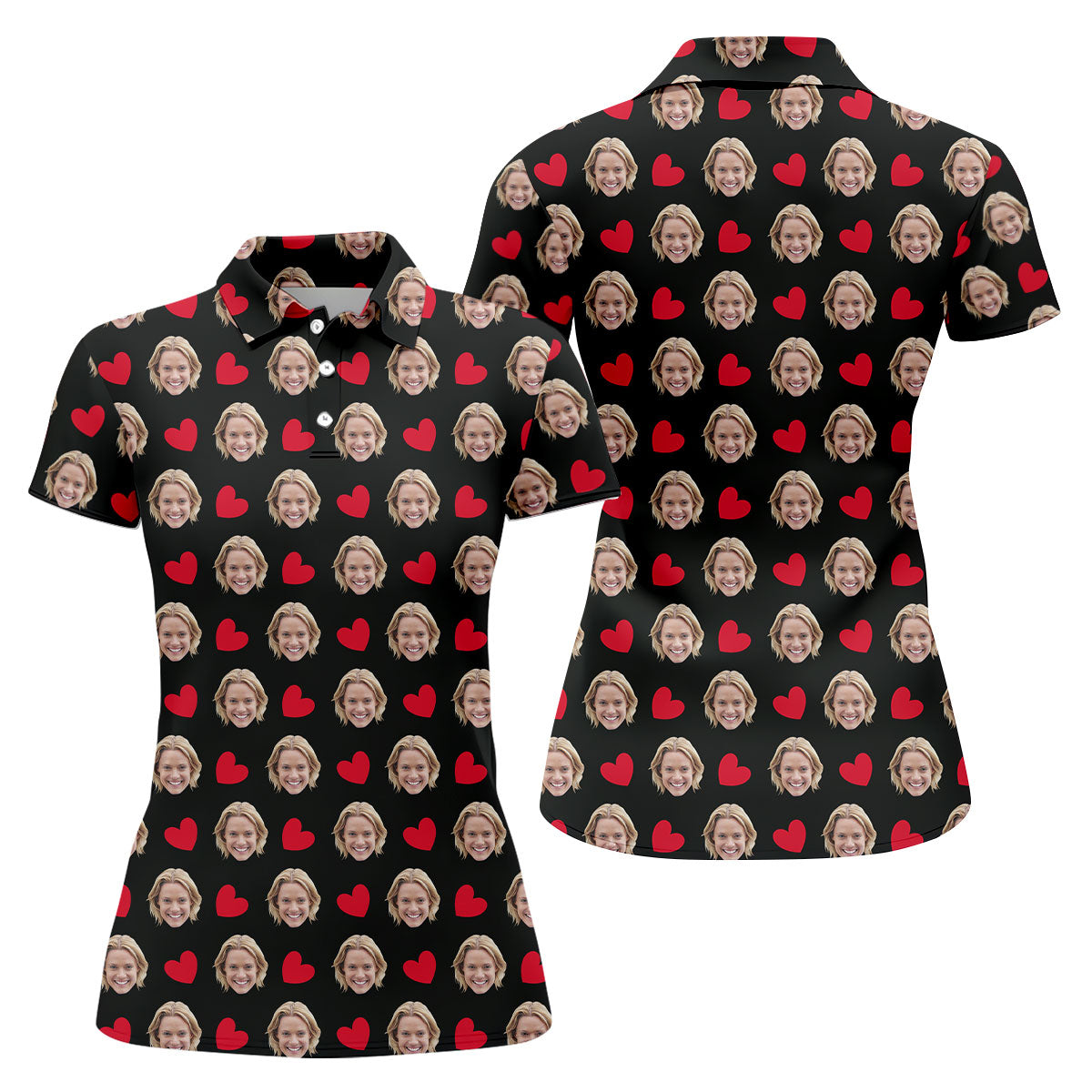 Custom Face Red Heart Pattern Black Golf Shirt, Cute Golf Outfit, Ladies Golf Shirts, Golf Gifts For Women