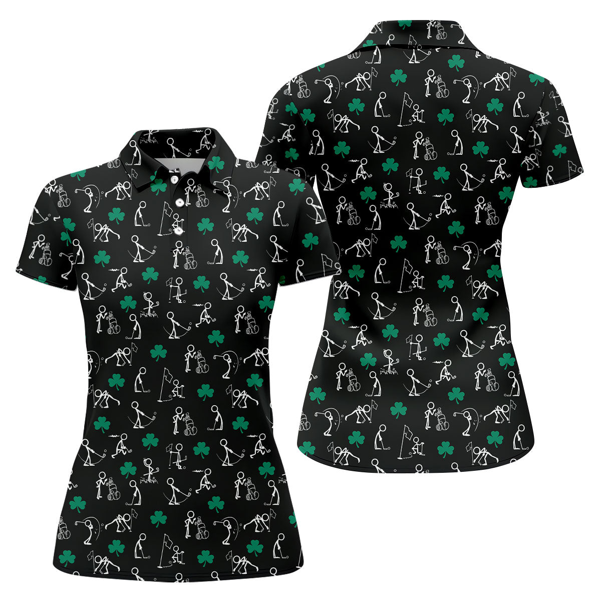 Stick Figure Golf Pose St Patrick's Day Shamrock Black Golf Shirt, Women's Golf Tops, Ladies Golf Polos