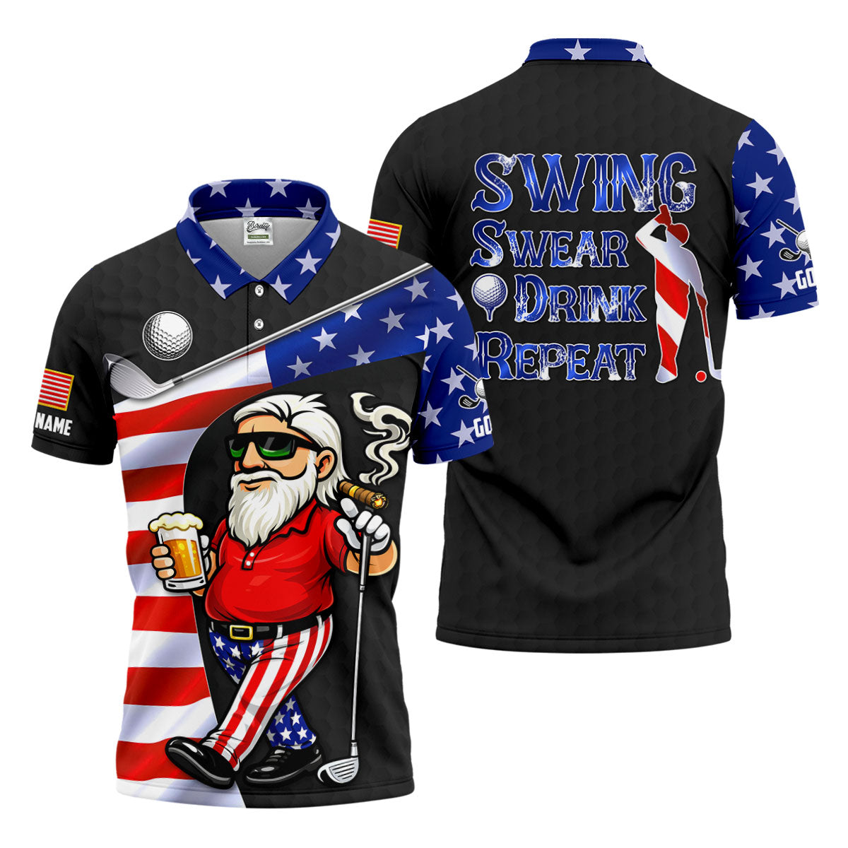 Swing Swear Drink Repeat Golf And Beer Patriotic Man 4th Of July Black Golf Shirt, 250 Years Golf Shirts For Men