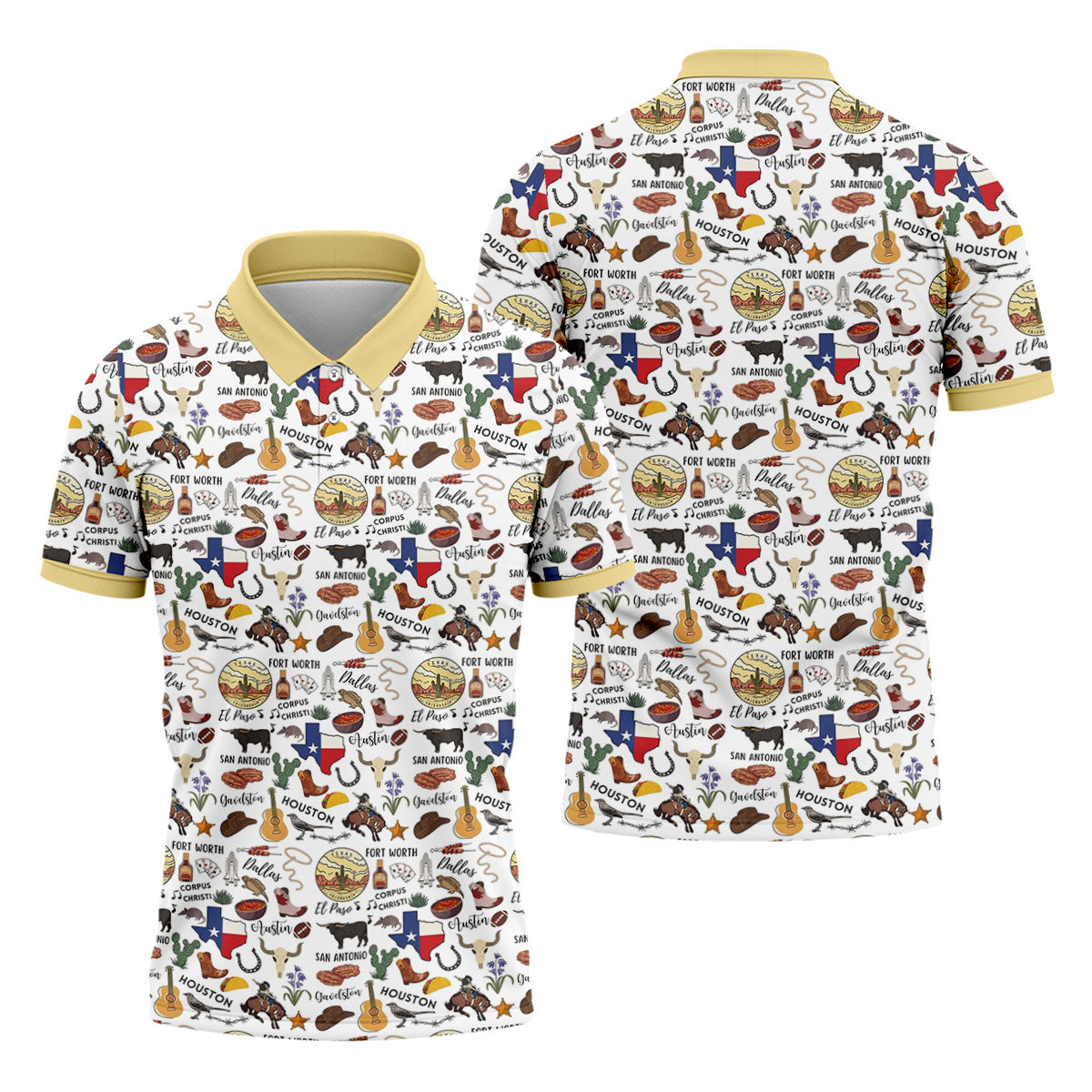 Texas Symbols Western Theme Doodle Style Golf Tops For Men, Polo Shirtor Men, Golf Shirts For Men