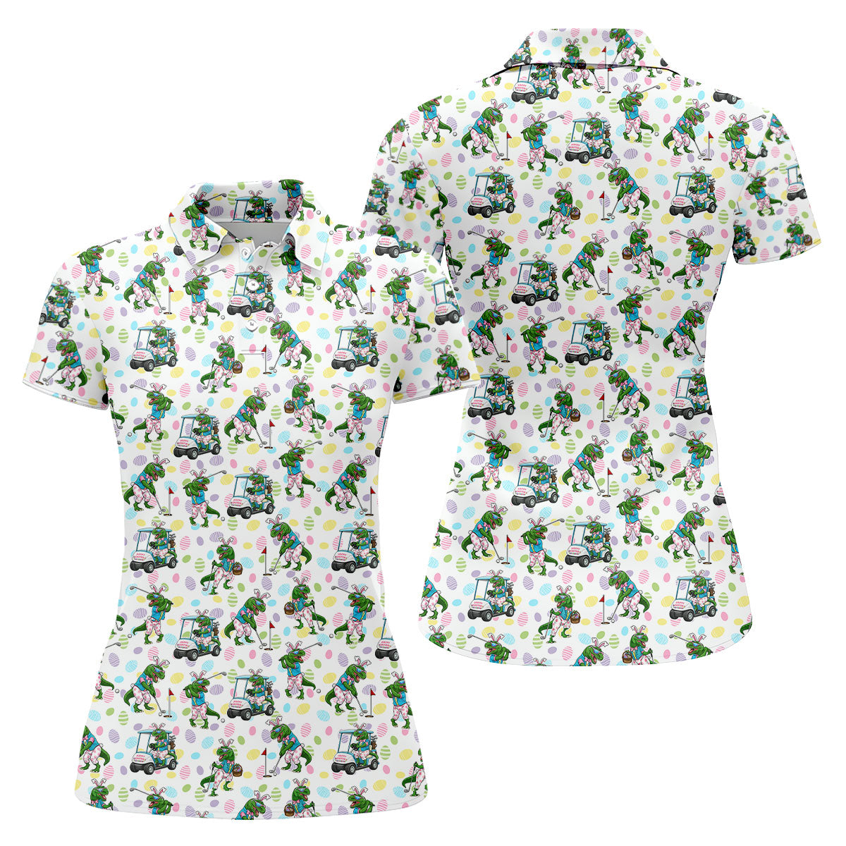 T-Rex Bunny Colorful Easter Egg Women Golf Top, Fun Women's Golf Shirts, Ladies Golf Shirts