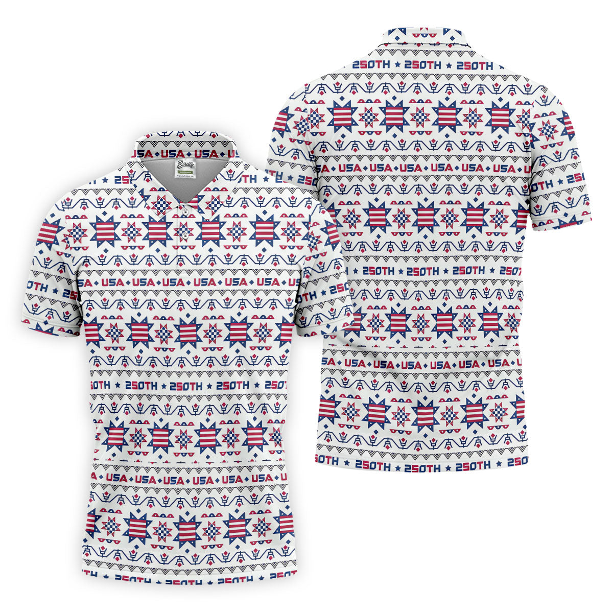 Red White Blue Ohio Star Quilt Pattern 4th Of July Golf Shirts For Men, 250th Anniversary Patriotic Golf Shirt