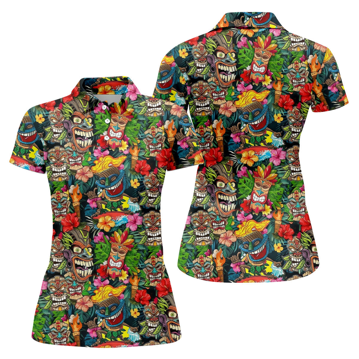 Hawaiian Tiki Tropical Floral Women's Golf Tops, Ladies Golf Shirts, Ladies Golf Polos