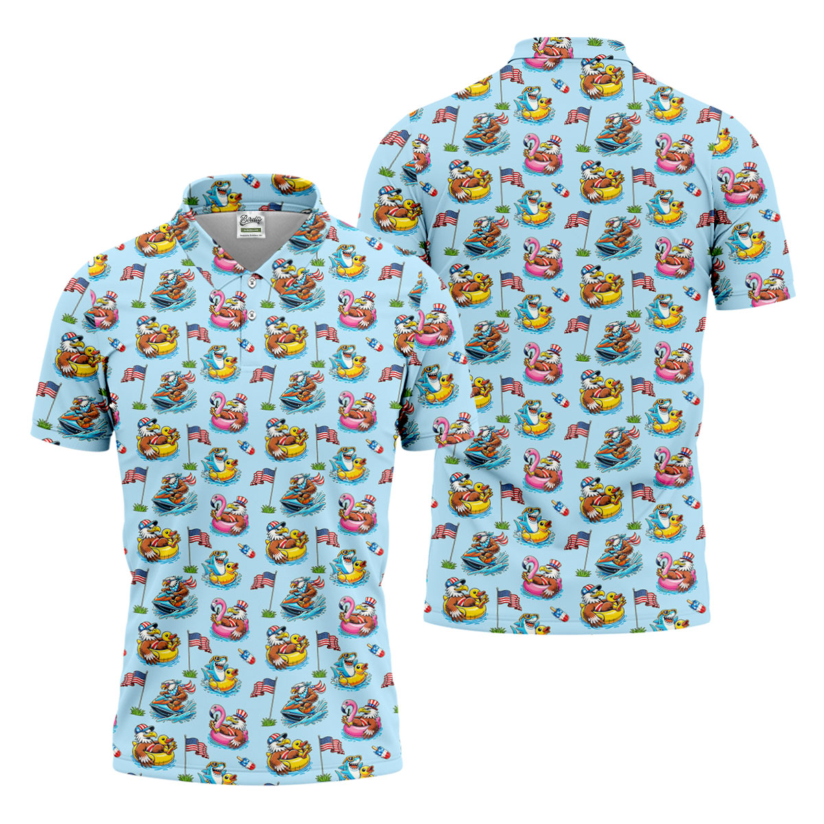 Eagle Shark Summer Theme Patriotic Party 4th Of July Golf Shirt, 250th Anniversary Golf Shirts For Men