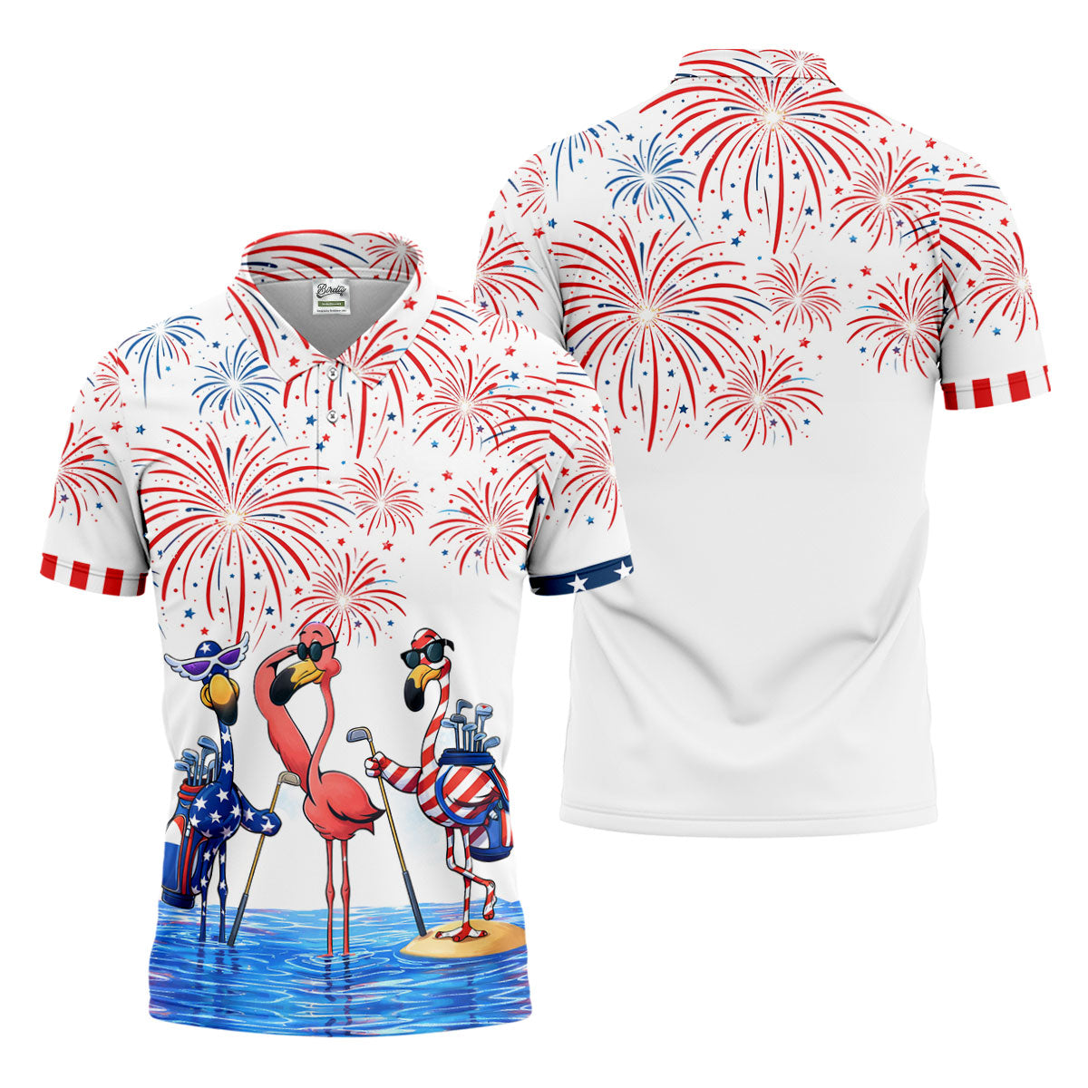 Funny Flamingo American Flag Pattern White Golf Shirt, 250th Anniversary Patriotic Golf Shirt, Golf Shirts For Men
