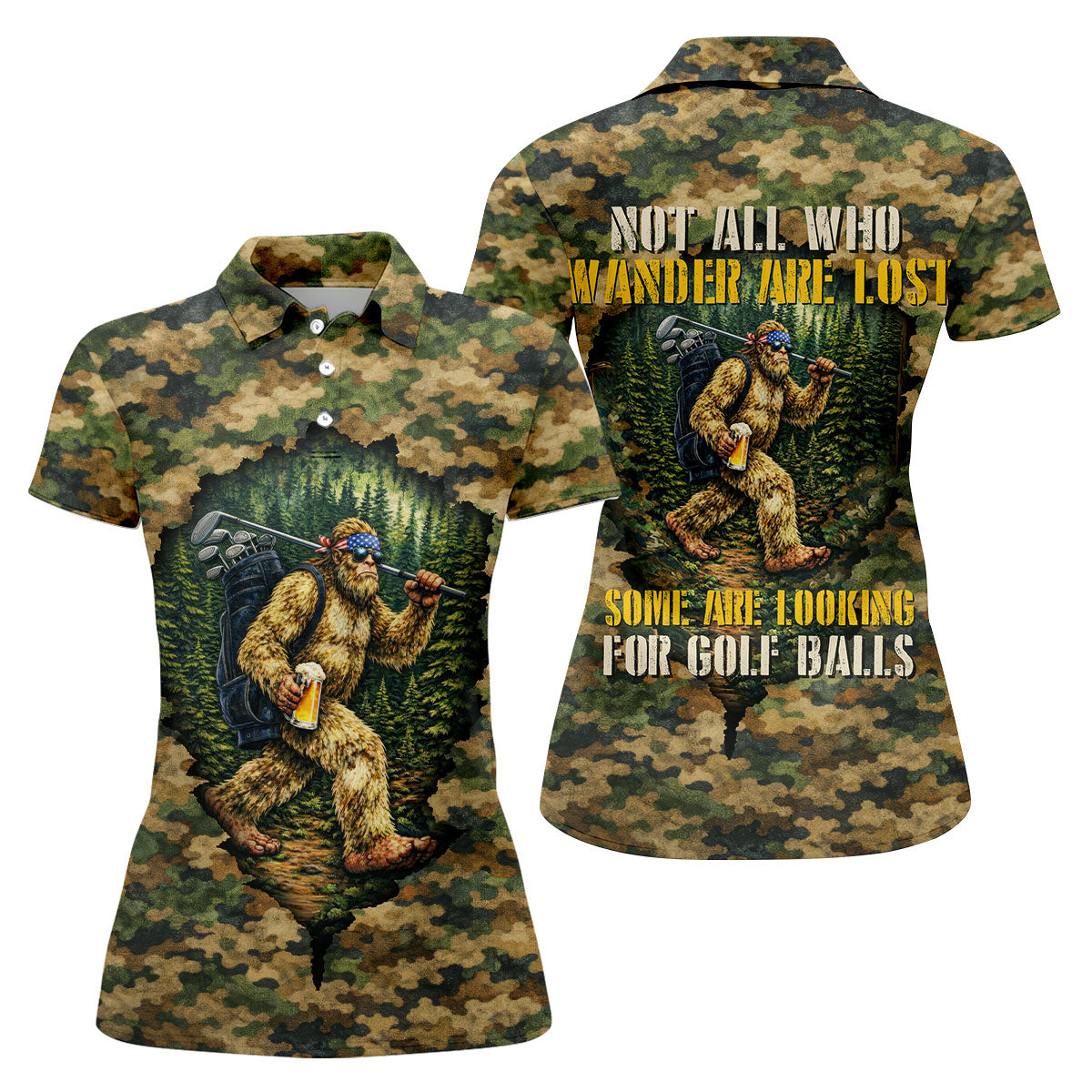 Camo Bigfoot Golfer Drinking Beer Polo Shirt, Golf Shirts For Women, Women’s Golf Apparel