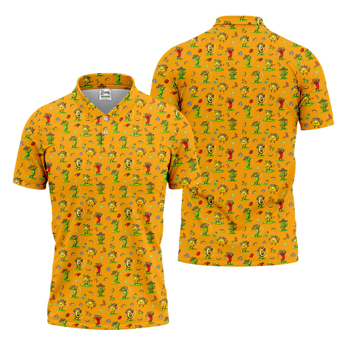 Mexican Cartoon Food Characters Cinco De Mayo Celebration Fiesta Themed Yellow Golf Shirts For Men