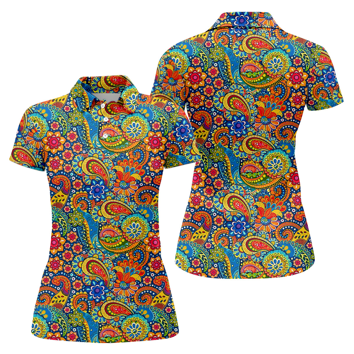 Colorful Floral Paisley Pattern Polo Shirt, Golf Tops For Women, Hawaiian Golf Shirt, Women’s Golf Apparel