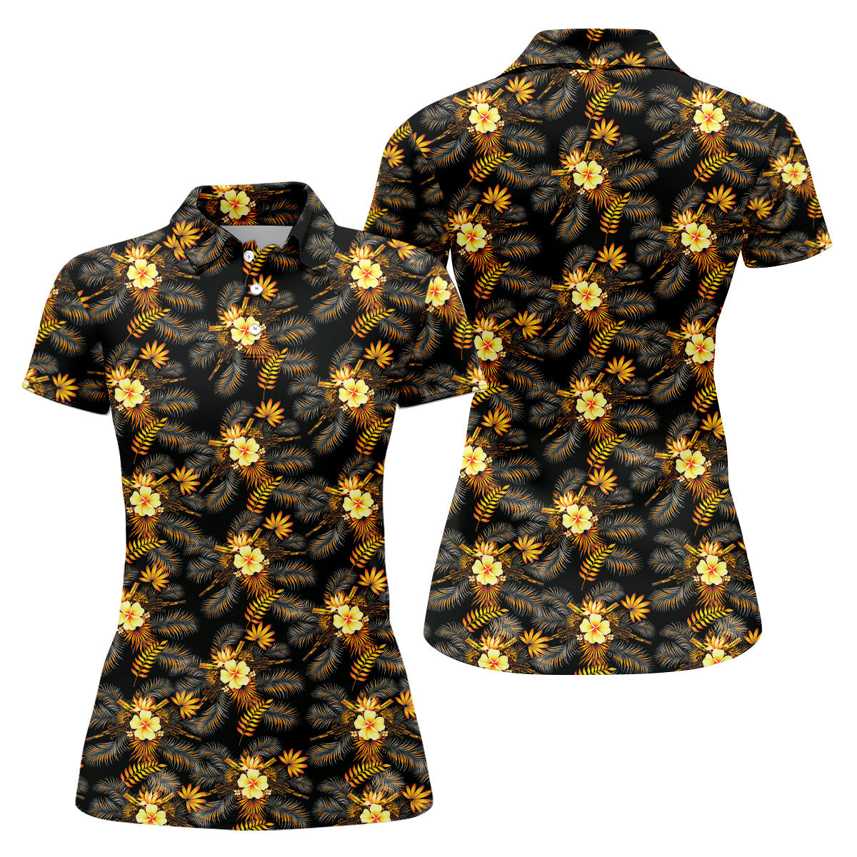 Yellow Hibiscus Flower Black Hawaiian Golf Shirt, Tropical Vibe Golf Shirt For Women