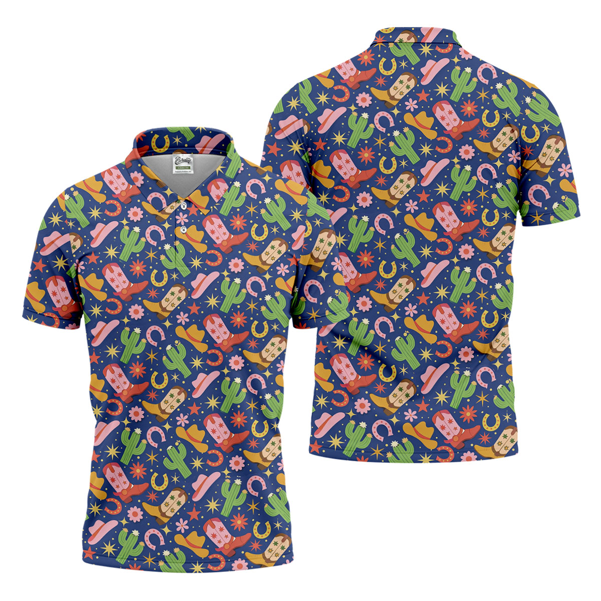 Western Cowboy Golf Shirt, Desert Cactus Horseshoe Pattern, Golf Shirt For Men