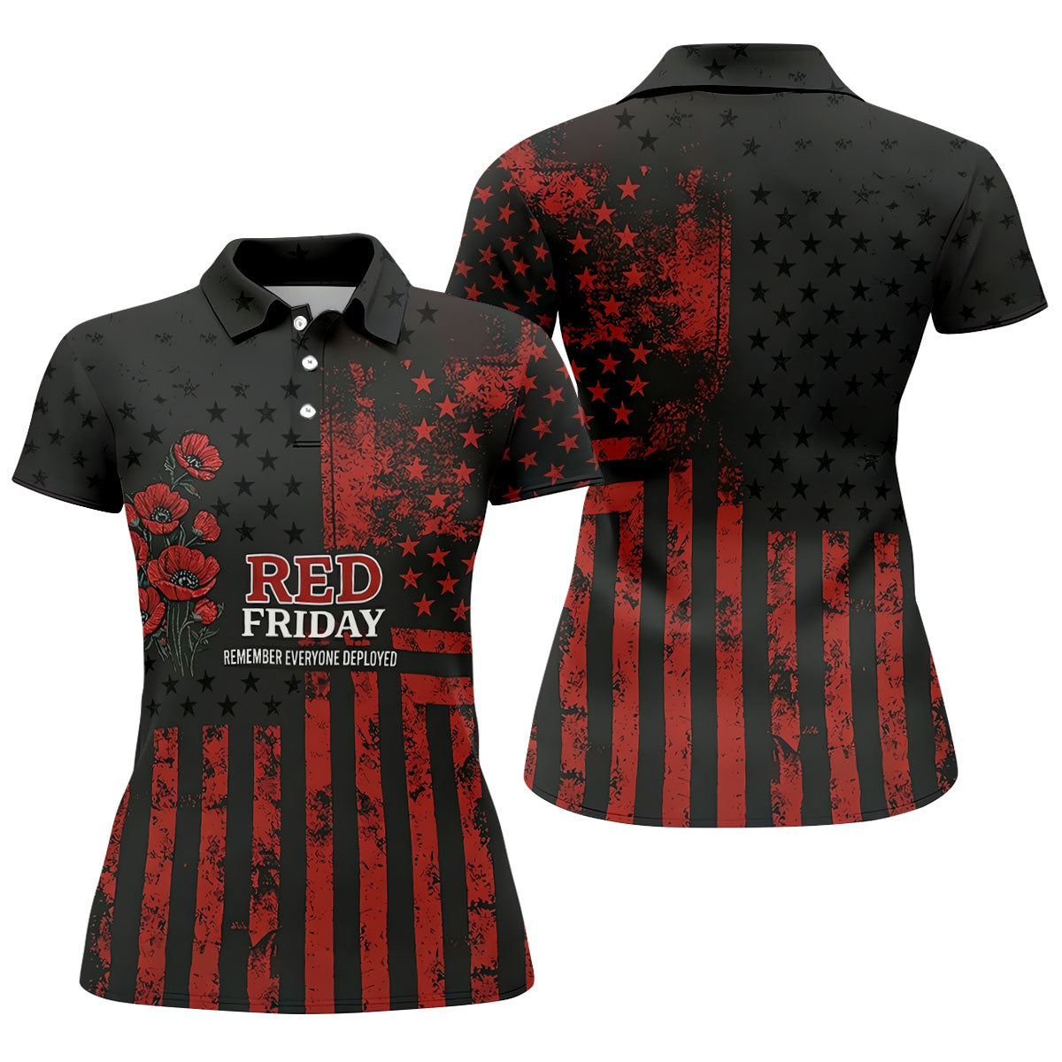 Red Friday American Flag Poppy Golf Polo Shirt, Ladies Golf Shirt, Golf Tops For Women