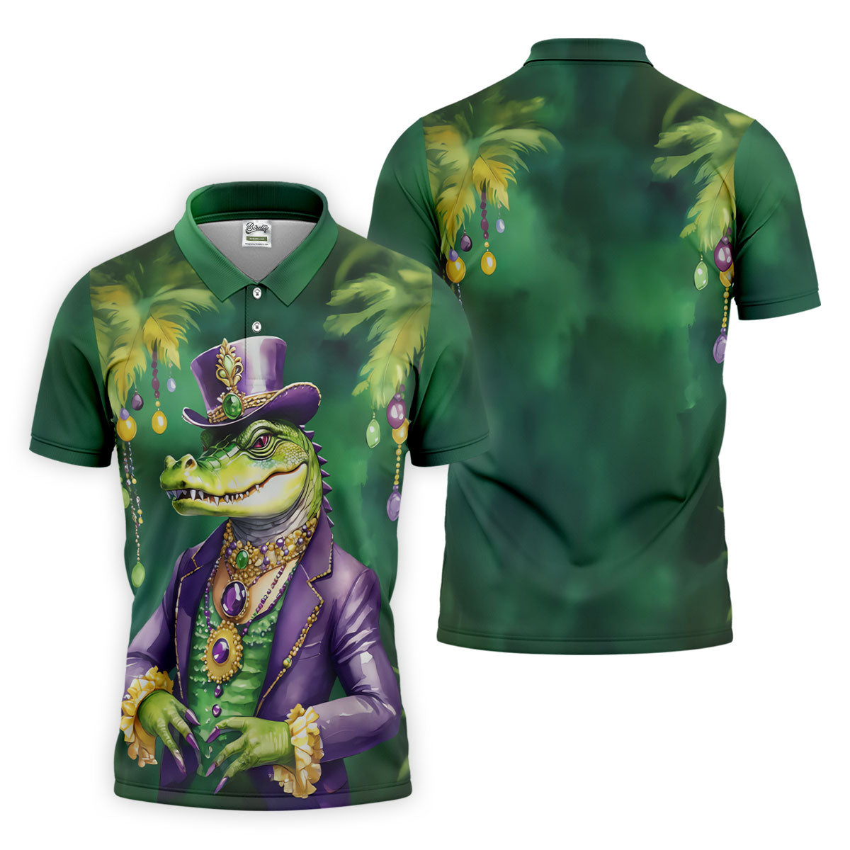 Mardi Gras Alligator Green Golf Shirt, Men's Funny Golf Shirts, Polo ShirtFor Men, Golf Shirts For Men